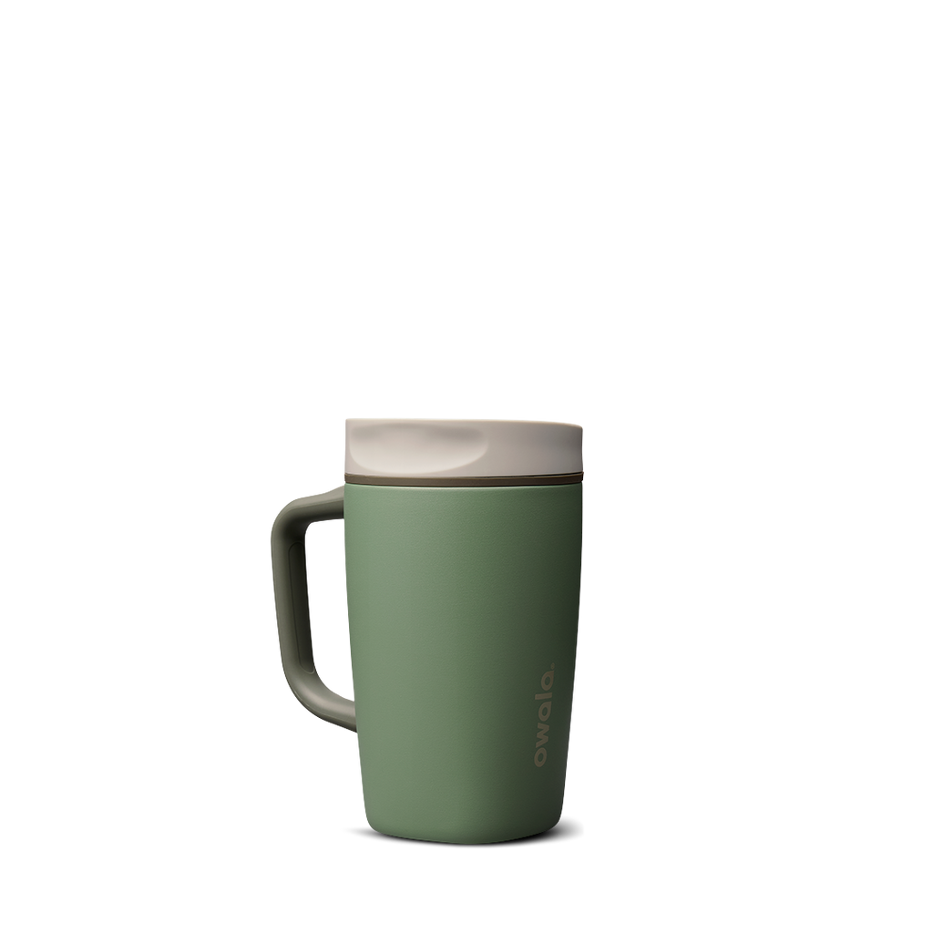 SmoothSip Slider with Handle 12oz in Green House (Ceramic), muted sage green body with cream off-white slider lid and sage green handle