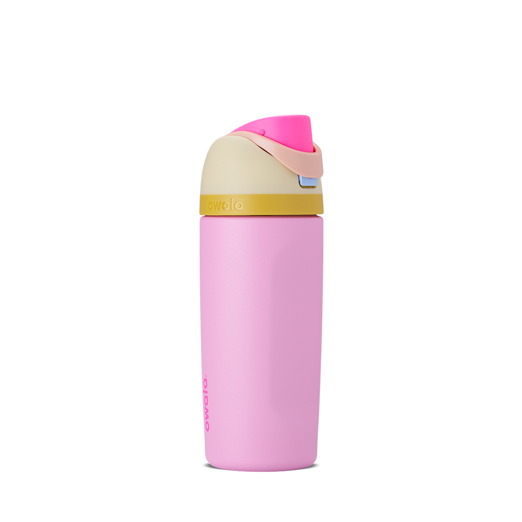 Kids FreeSip 16oz in Tutti Frutti, soft lavender-pink insulated bottle with yellow-gold accent band, pink flip cap, and carry loop
