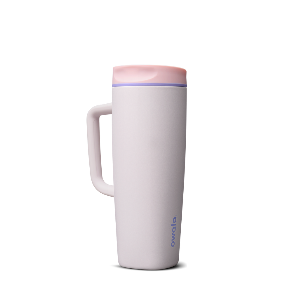 SmoothSip Slider with Handle 24oz in Candy Coated (Ceramic), pale lavender-white body with pink slider lid and violet accent ring