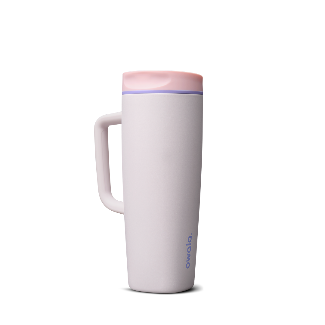SmoothSip Slider with Handle 24oz in Candy Coated (Ceramic), pale lavender-white body with pink slider lid and violet accent ring