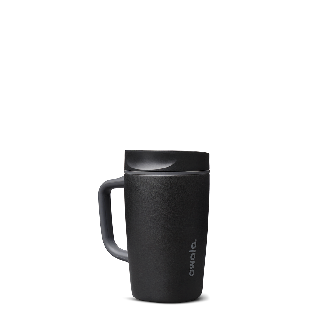 SmoothSip Slider with Handle 12oz in Very, Very Dark (Ceramic), matte black body with dark slider lid and black handle