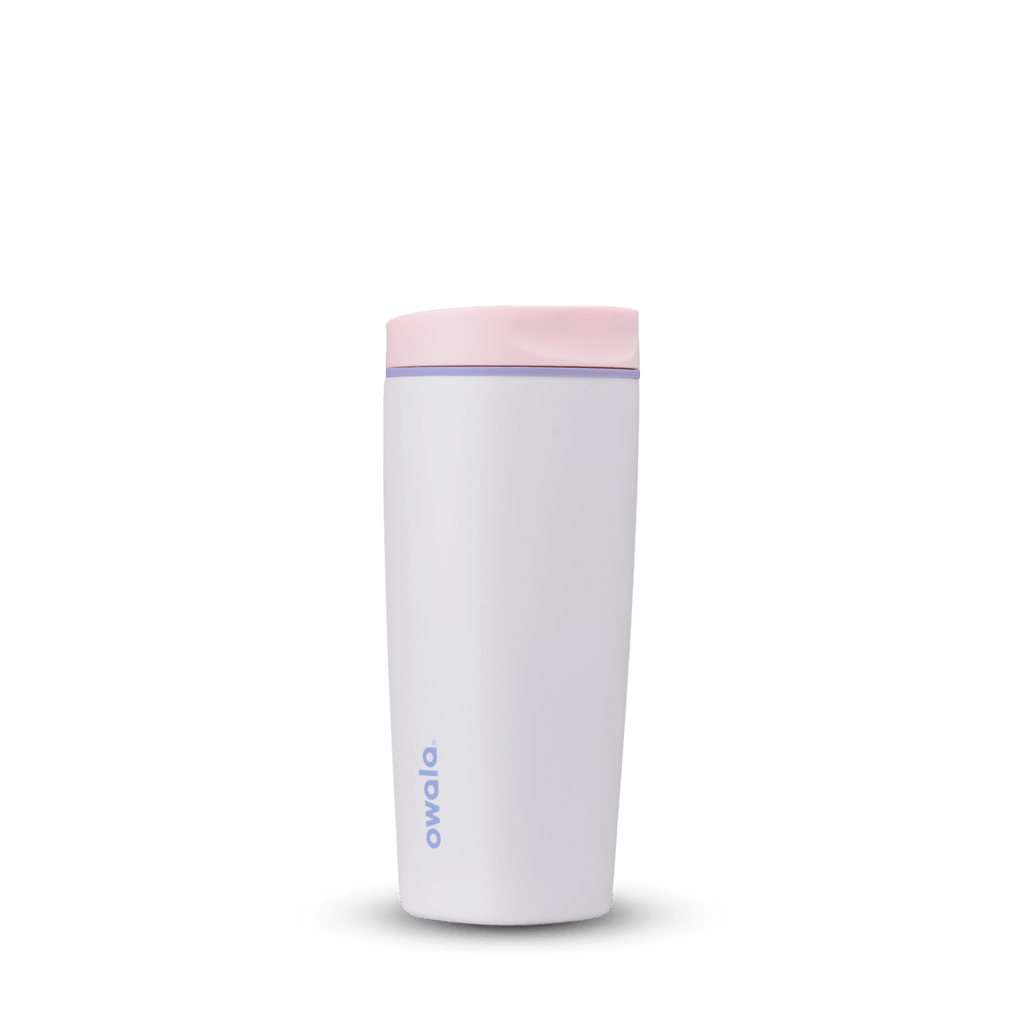 Full profile shot of the 20oz pink 'Candy Coated' SmoothSip Slider coffee mug.