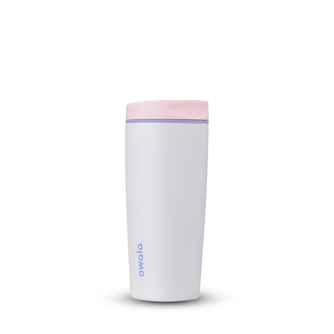 Full profile shot of the 20oz pink 'Candy Coated' SmoothSip Slider coffee mug.