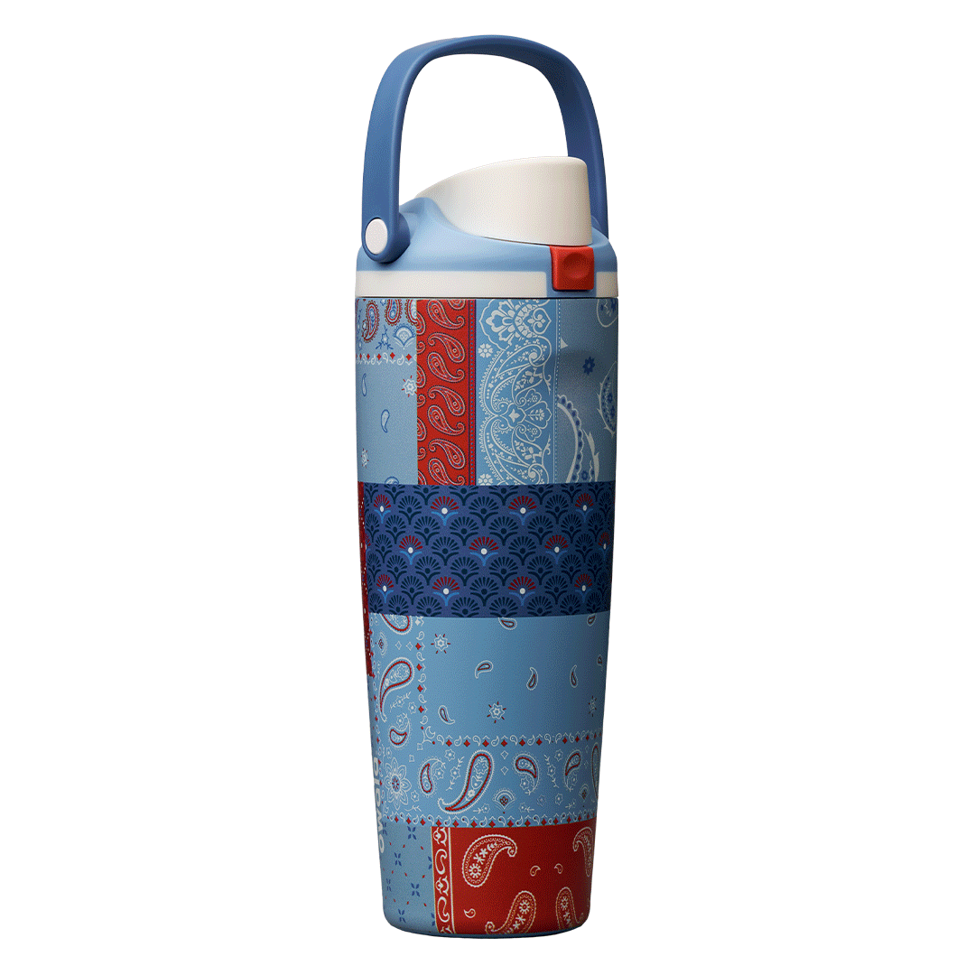 Rotating view of Common Threads Bottle Boot, patchwork quilted design in blue, red, and white bandana-style panels with a blue carry loop