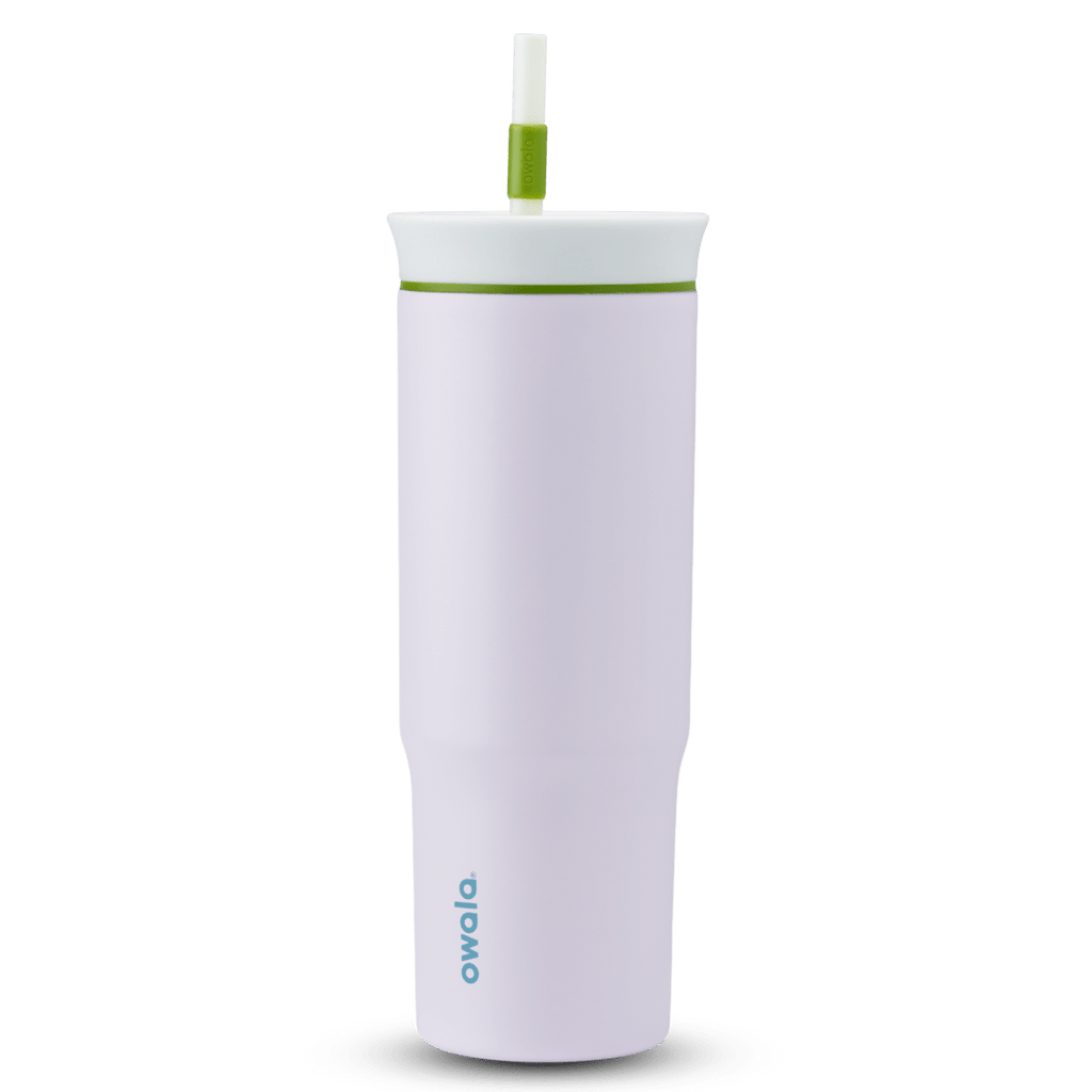 24oz Tumbler in Lost in Space; pale lavender body with white lid, green accent ring, and white straw with green grip