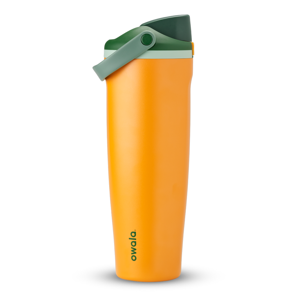 FreeSip Sway 40oz in Orange Grove, bright orange insulated water bottle with dark forest green flip cap, sage green carry loop and pale mint accent, lid open
