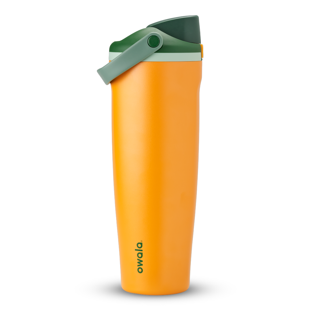 FreeSip Sway 40oz in Orange Grove, bright orange insulated water bottle with dark forest green flip cap, sage green carry loop and pale mint accent, lid open