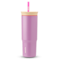 24oz Tumbler in Smell the Roses; matte lavender-pink insulated tumbler with cream lid, coral-red accent ring, and hot pink straw with light pink grip, Owala wordmark on front