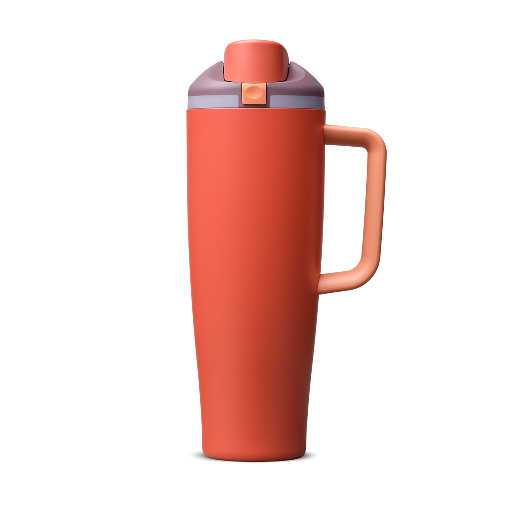 FreeSip Tumbler 40oz Terracotta Sunset, terracotta orange body with matching terracotta flip cap, dusty mauve push-button and lid, lavender accent band, and orange handle