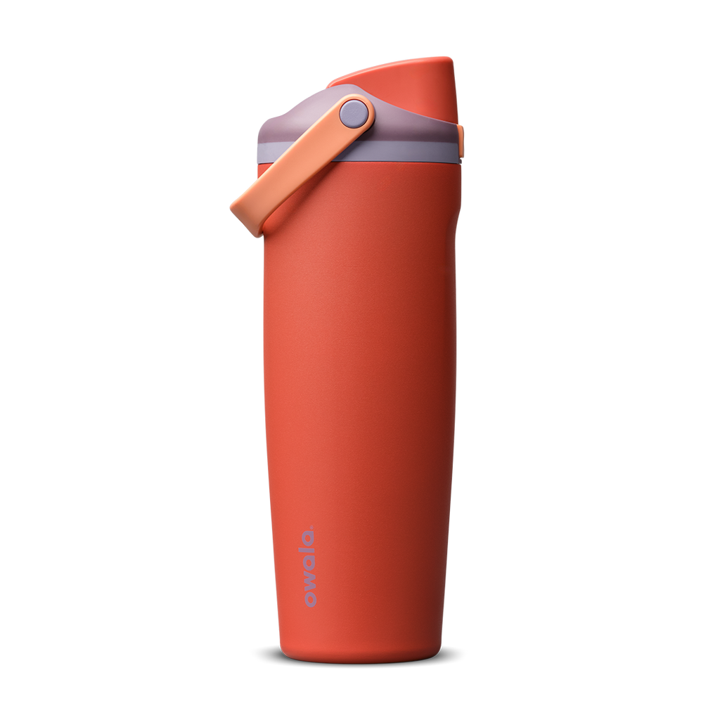 FreeSip Sway 30oz in Terracotta Sunset, terracotta orange-red insulated water bottle with matching terracotta flip cap and carry loop, lavender lid accent ring, lid open