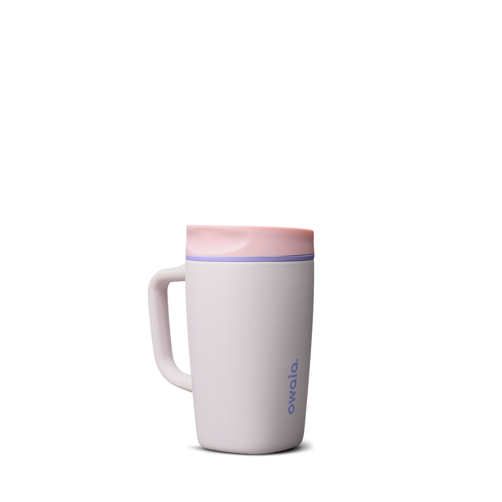 SmoothSip Slider with Handle 12oz in Candy Coated (Ceramic), pale lavender-white body with pink slider lid and violet accent ring
