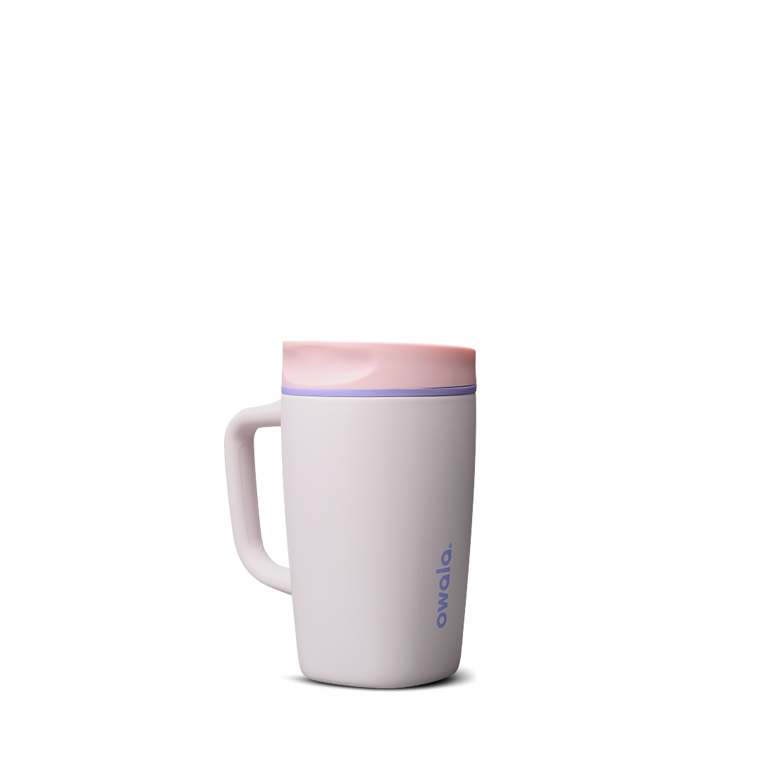 SmoothSip Slider with Handle 12oz in Candy Coated (Ceramic), pale lavender-white body with pink slider lid and violet accent ring