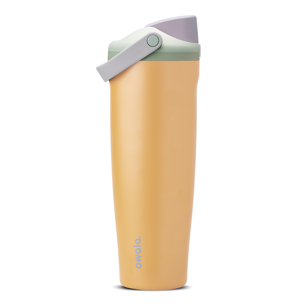 FreeSip Sway 40oz in Beachfront, golden yellow insulated water bottle with lavender flip cap, light grey carry loop, sage green lid accent ring and green push-button, lid open