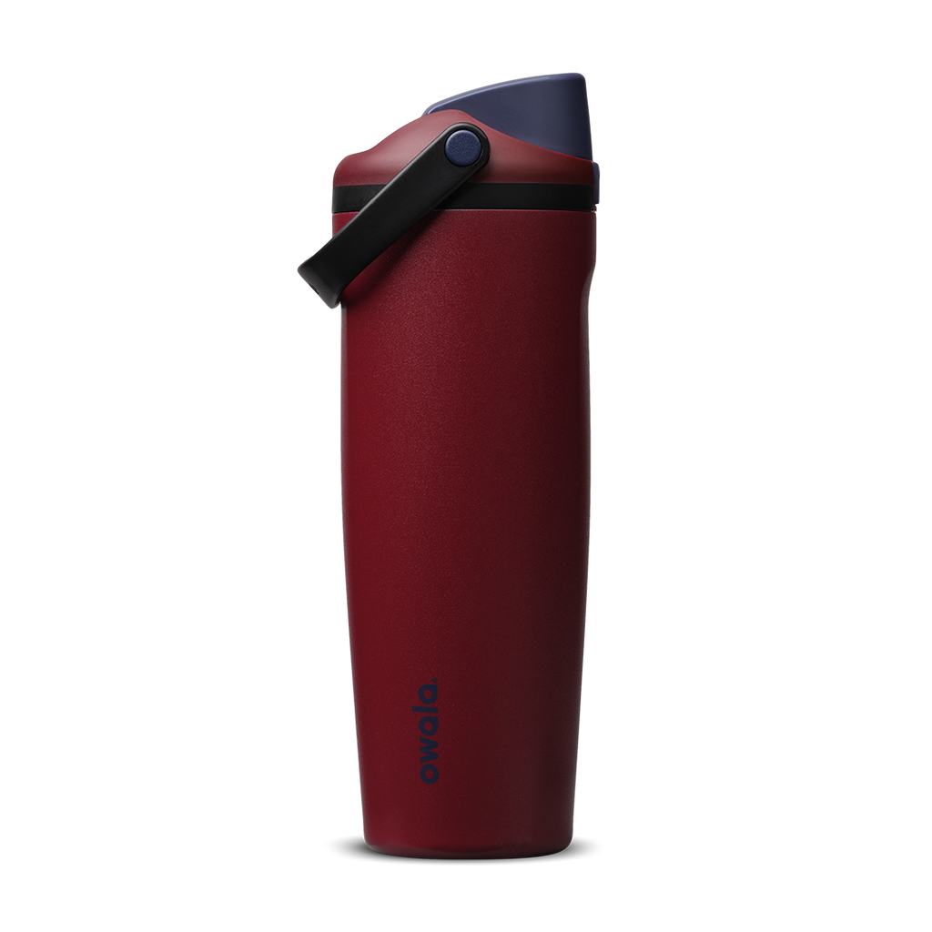 FreeSip Sway 30oz in Burgundy Bay, deep burgundy red insulated water bottle with navy blue flip cap and black carry loop, lid open