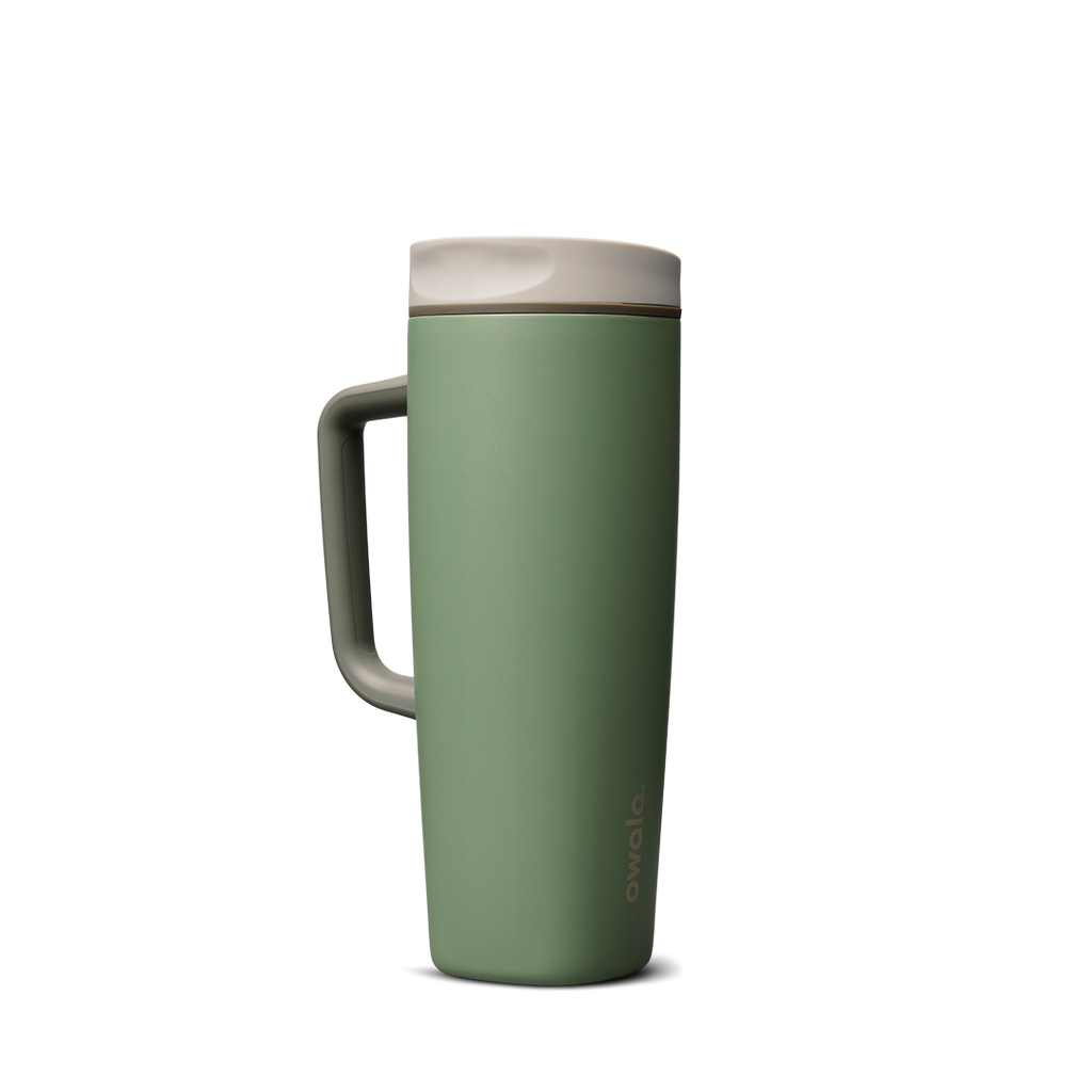 SmoothSip Slider with Handle 24oz in Green House (Ceramic), muted sage green body with cream off-white slider lid and sage green handle