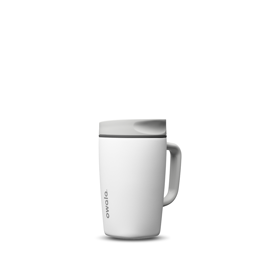 SmoothSip Slider with Handle 12oz in Shy Marshmallow, bright white body with light gray slider lid and white handle