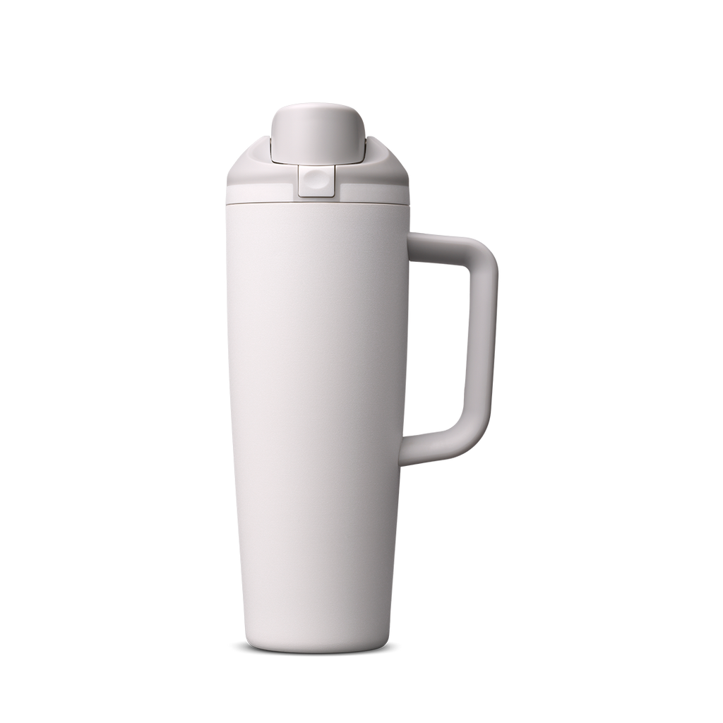 FreeSip Tumbler 30oz, pale grey/white body with matching white lid and handle