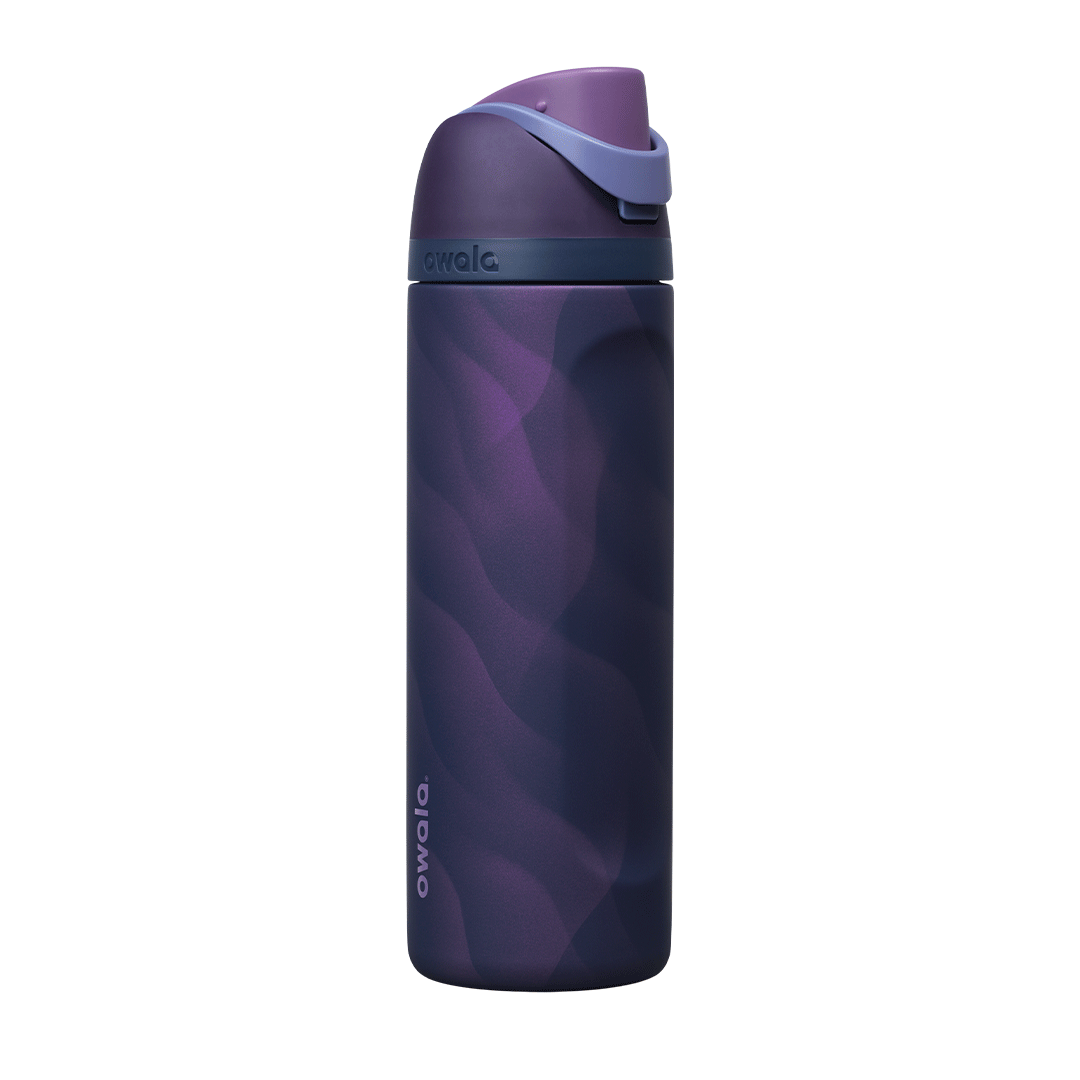 FreeSip 24oz Arctic Storm; rotating view of deep navy blue body with swirling dark purple marbled wave pattern, dark plum flip cap, lavender carry loop, and dark slate lid