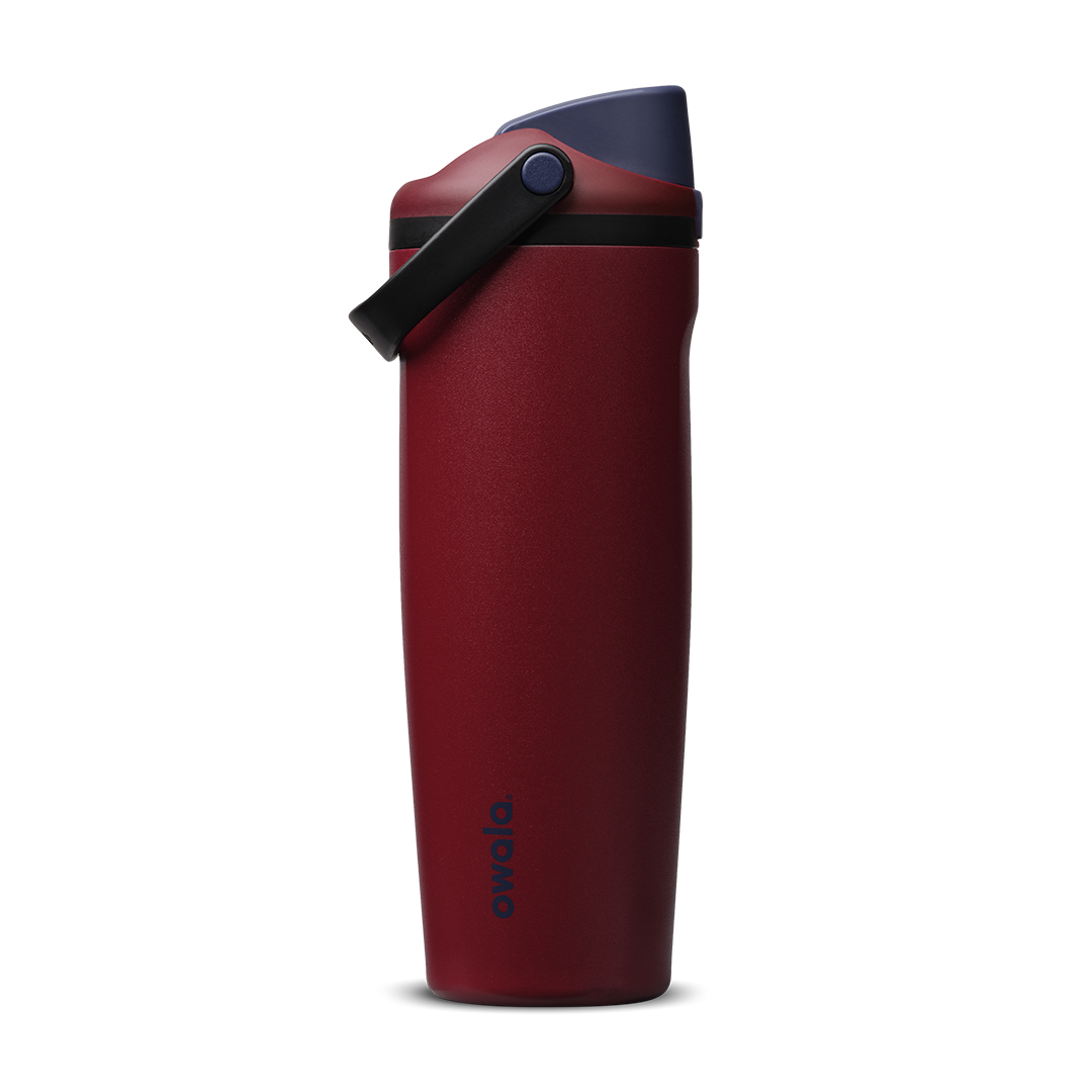 FreeSip Sway 30oz in Burgundy Bay, deep burgundy red insulated water bottle with navy blue flip cap and black carry loop, lid open