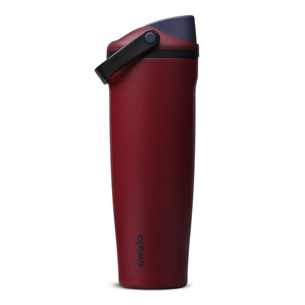 FreeSip Sway 40oz in Burgundy Bay, deep burgundy red insulated water bottle with navy blue flip cap and black carry loop, lid open