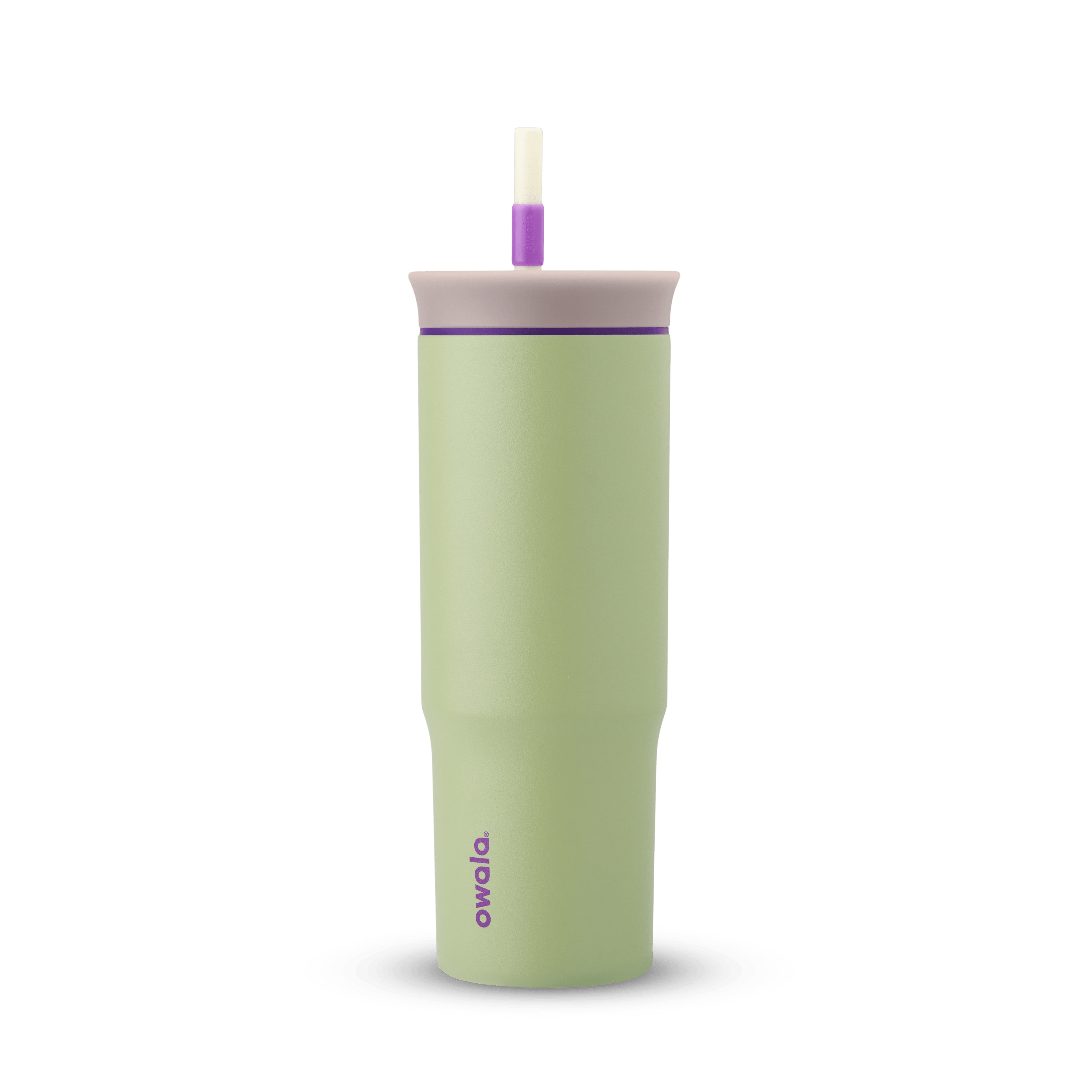 24oz Tumbler in Hip Cactus; sage green body with pale lavender lid, purple accent ring, and white straw with purple grip