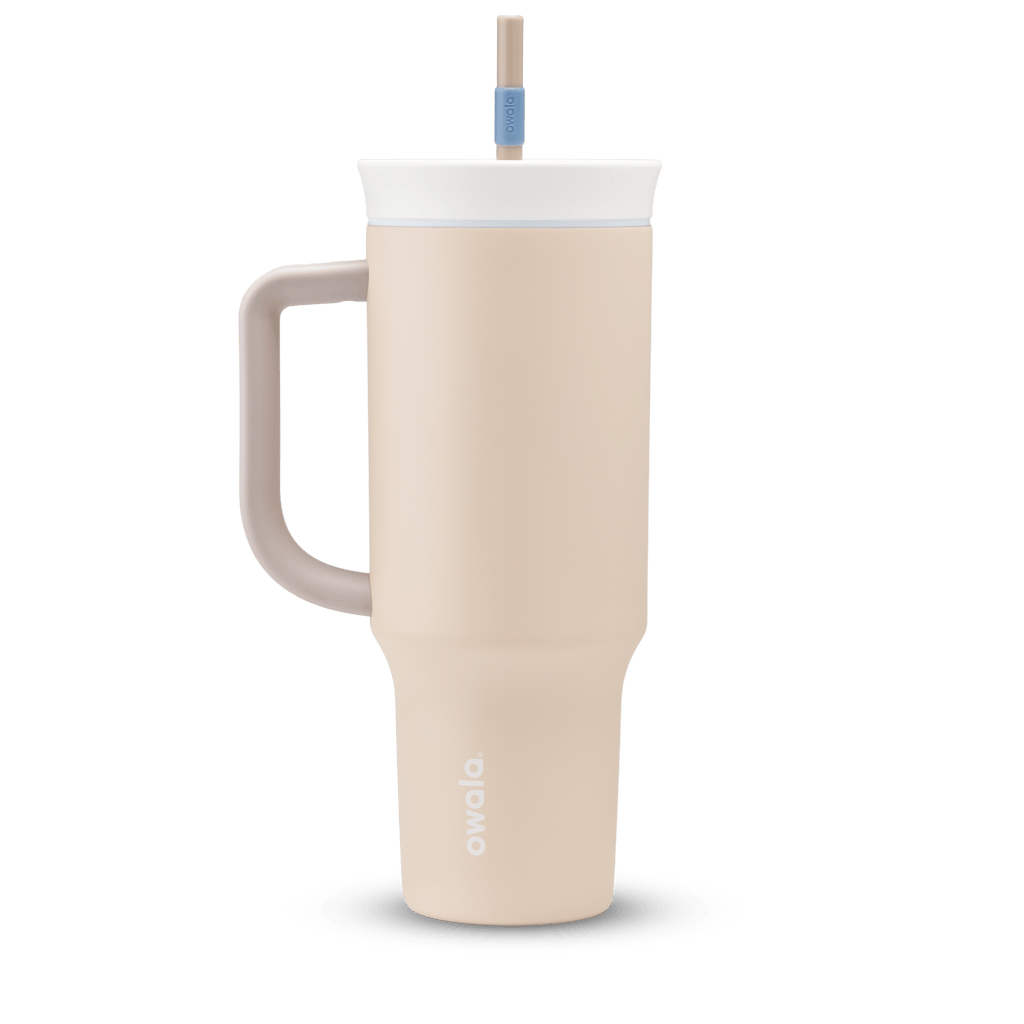 40oz Tumbler in Dune Drifter, soft cream beige insulated tumbler with taupe handle, white lid, and tan straw with light blue grip