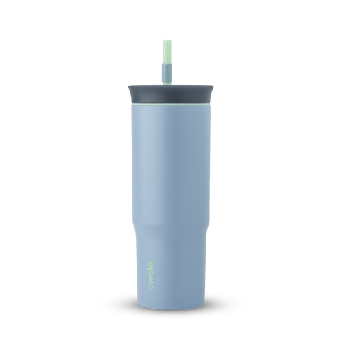24oz Tumbler in Lost Valley; matte denim-blue insulated tumbler with dark slate-gray lid, mint green accent ring, and matching mint green straw, Owala wordmark on front