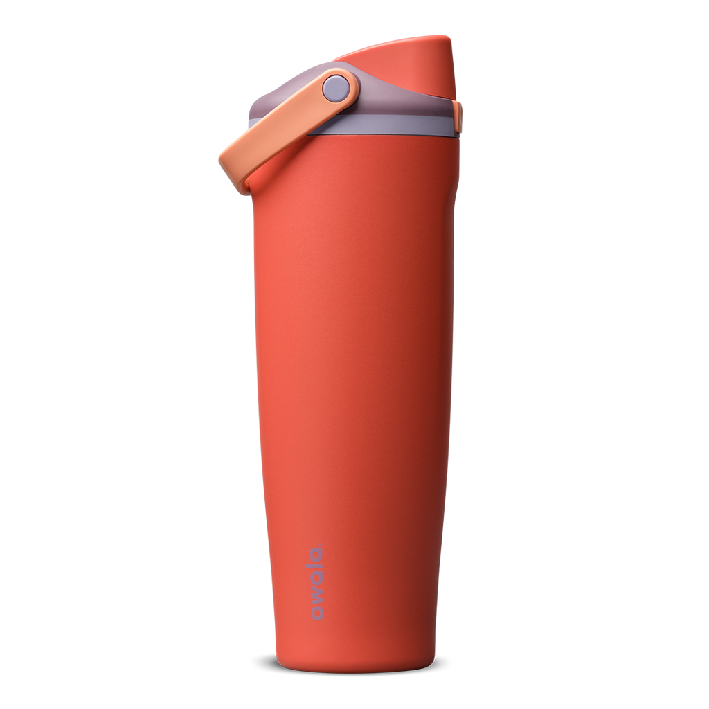 FreeSip Sway 40oz in Terracotta Sunset, terracotta orange-red insulated water bottle with matching terracotta flip cap and carry loop, lavender lid accent ring, lid open