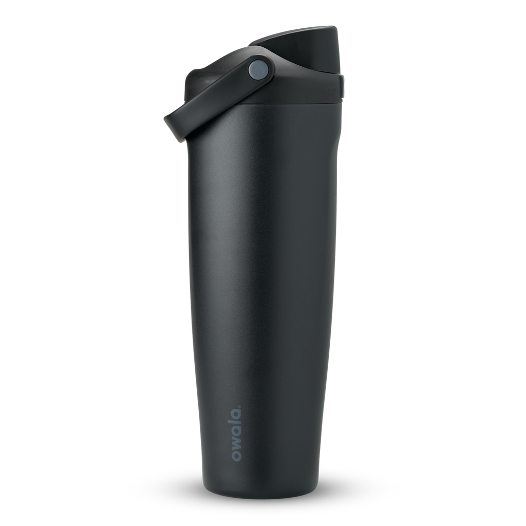 FreeSip Sway 40oz in Very Very Dark, all-black insulated water bottle with matching black flip cap and carry loop, lid open