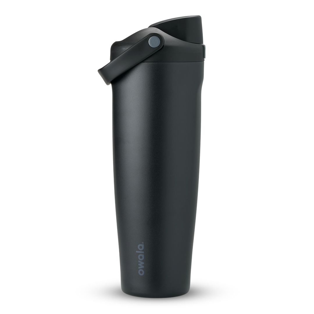 FreeSip Sway 40oz in Very Very Dark, all-black insulated water bottle with matching black flip cap and carry loop, lid open