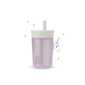 Kids' Tumbler 15oz in Unicorn; translucent lavender plastic body with light green lid and lavender straw, unicorn character graphic on side with sparkle accents