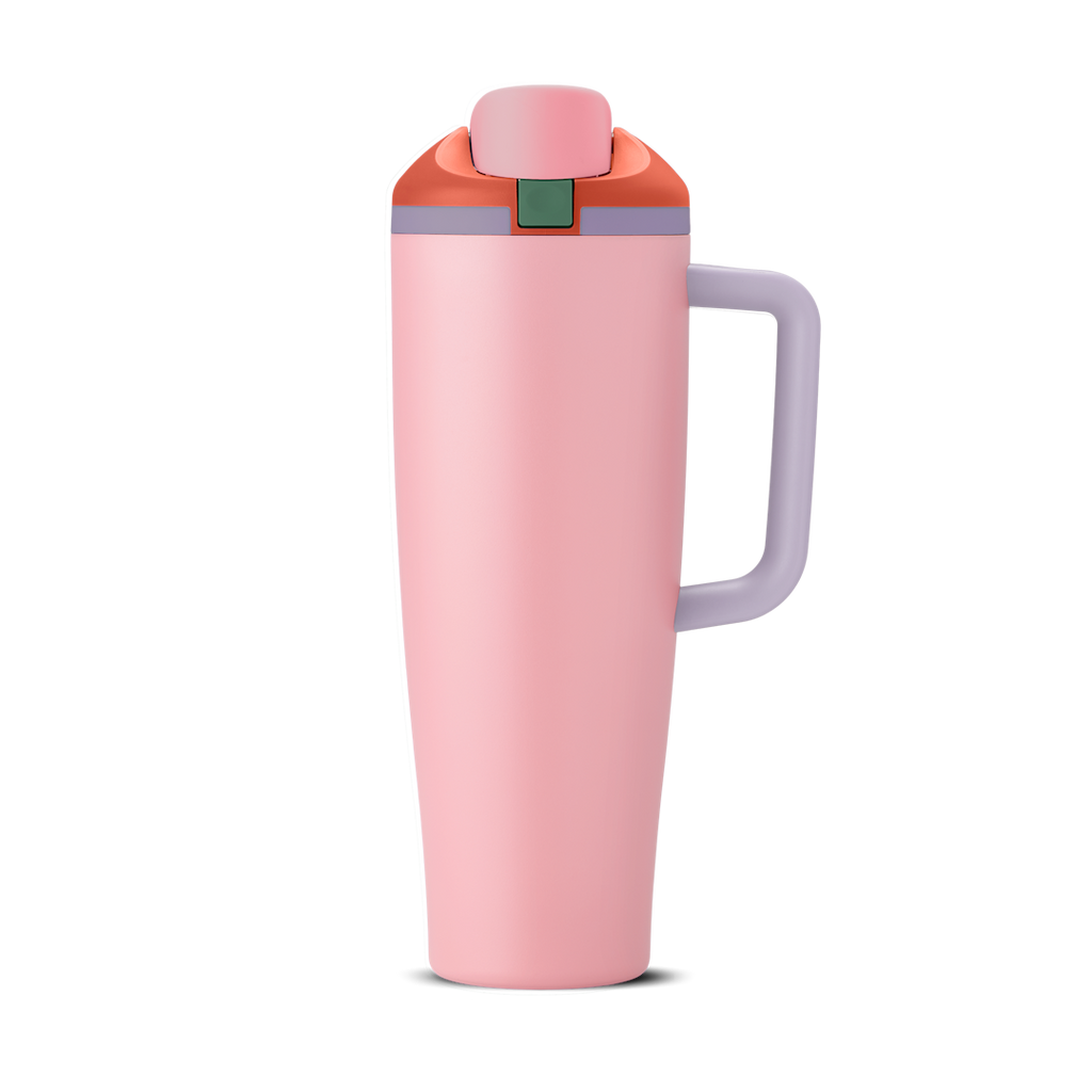 FreeSip Tumbler 40oz Sugar High, soft pink body with red-orange flip cap, pink push-button, green accent detail, lavender accent band and lid, and lavender handle