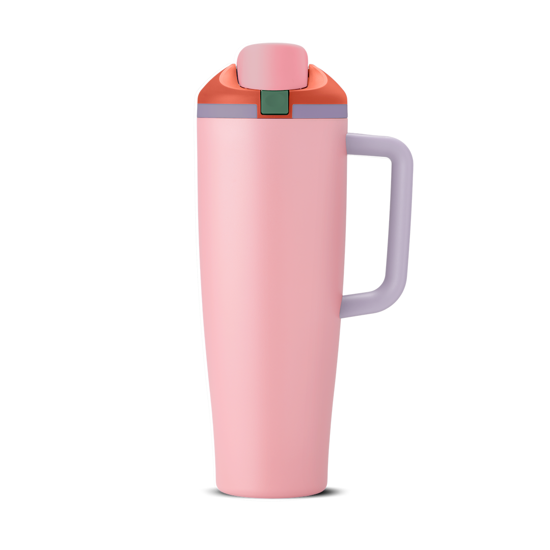 FreeSip Tumbler 40oz Sugar High, soft pink body with red-orange flip cap, pink push-button, green accent detail, lavender accent band and lid, and lavender handle