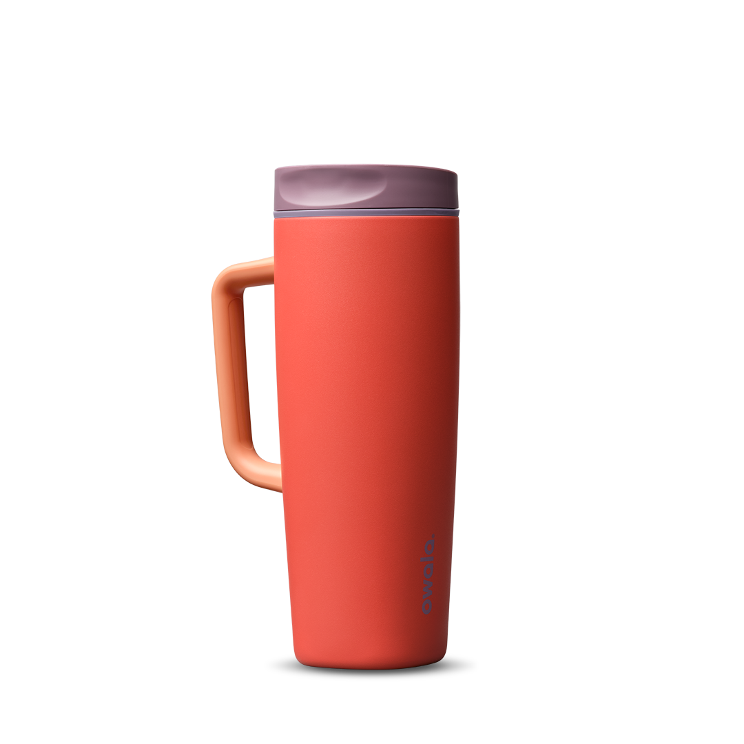 SmoothSip Slider with Handle 24oz in Terracotta Sunset, warm coral-orange body with dusty mauve slider lid and peach handle