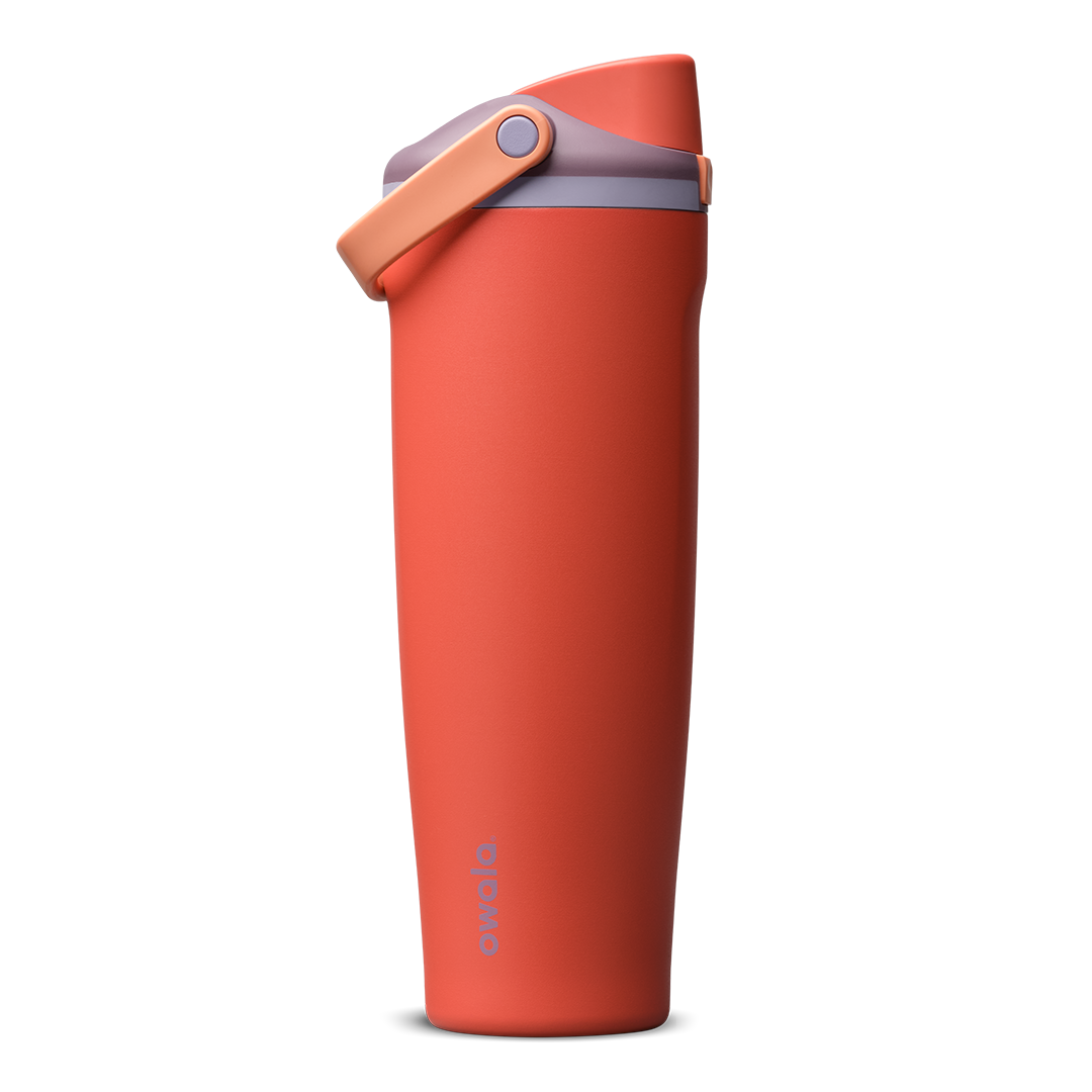 FreeSip Sway 40oz in Terracotta Sunset, terracotta orange-red insulated water bottle with matching terracotta flip cap and carry loop, lavender lid accent ring, lid open