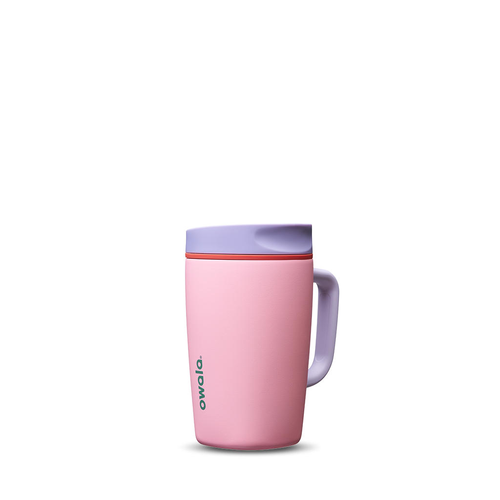 SmoothSip Slider with Handle 12oz in Sugar High, soft pink body with lavender slider lid, lavender handle, and orange slider button