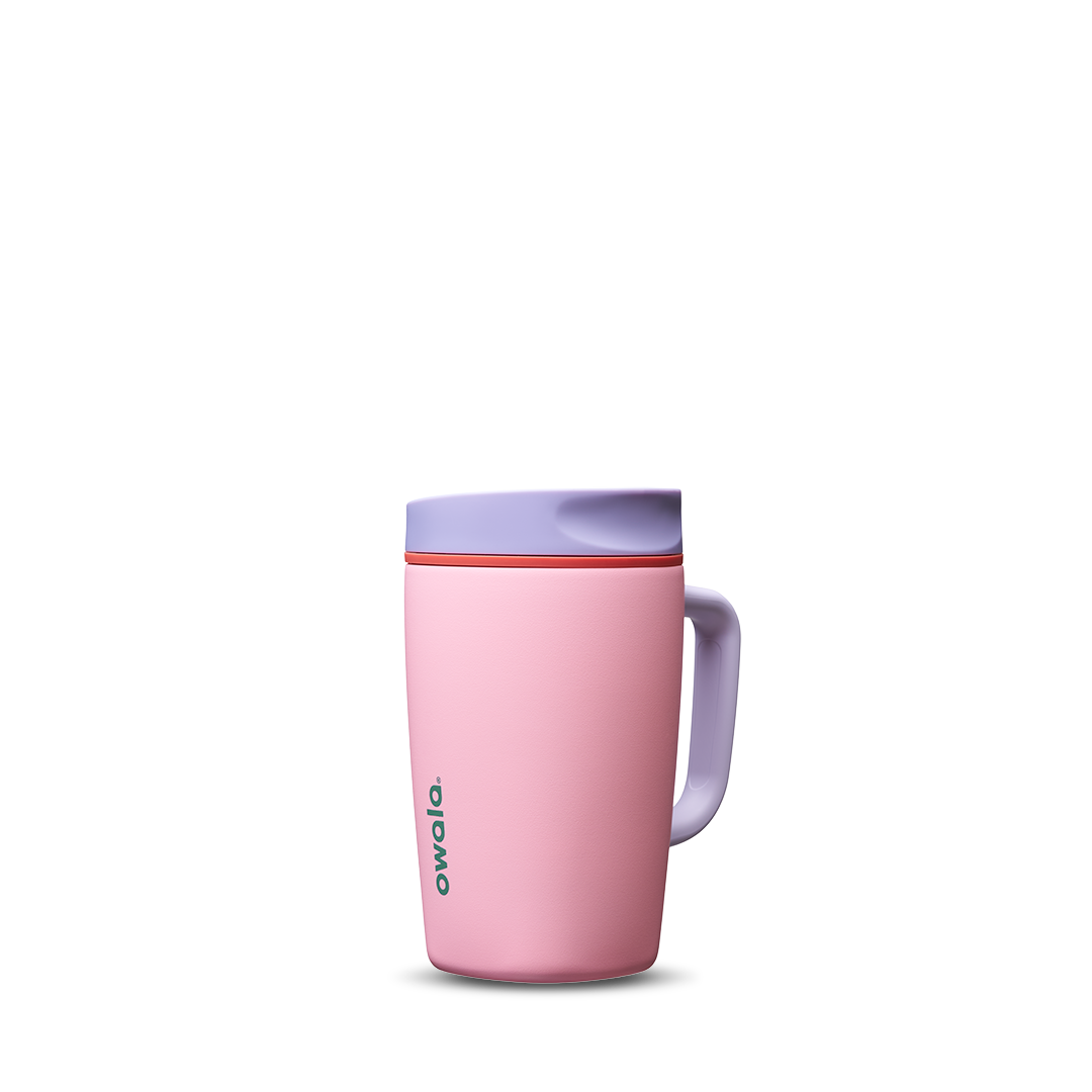 SmoothSip Slider with Handle 12oz in Sugar High, soft pink body with lavender slider lid, lavender handle, and orange slider button