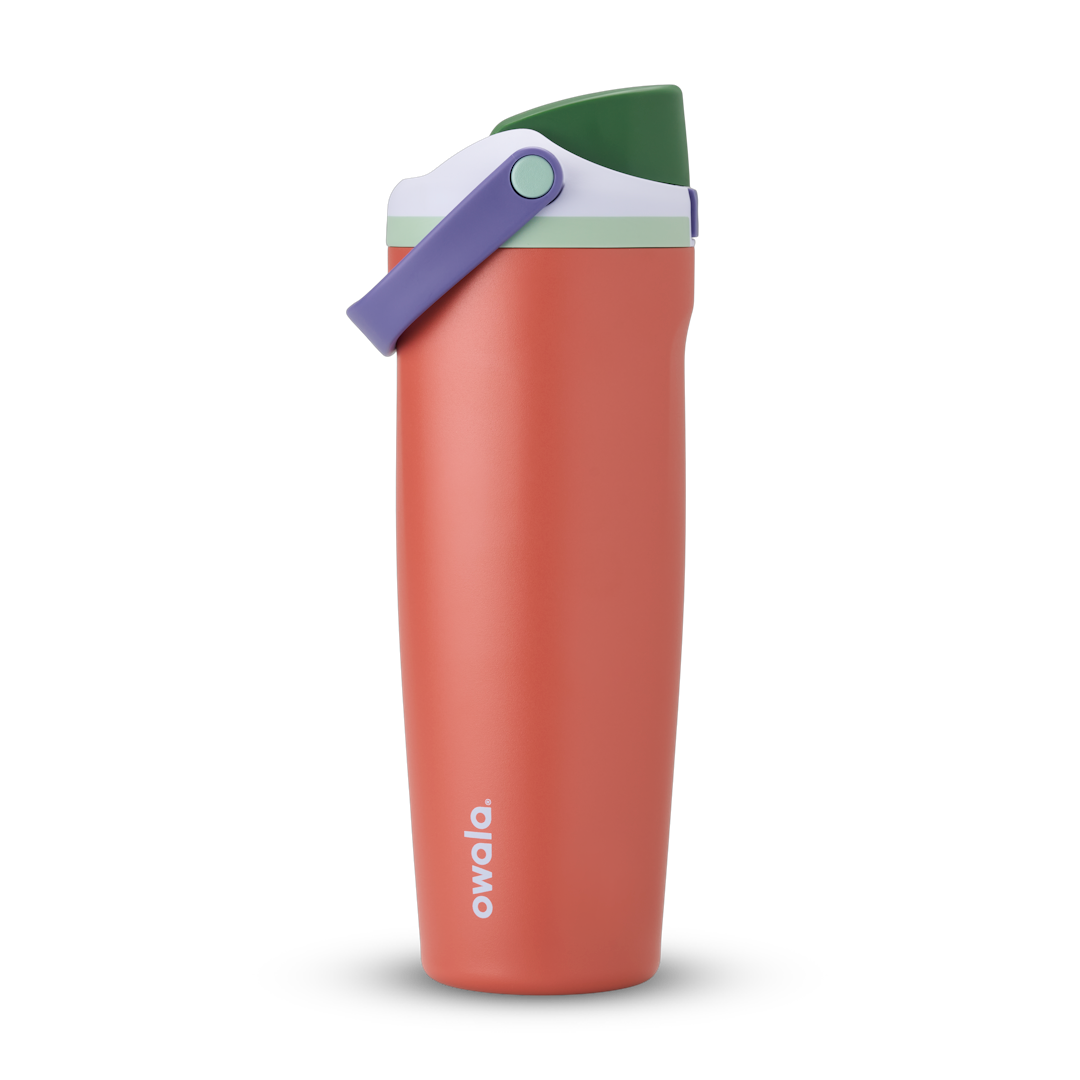 FreeSip Sway 32oz in Summer Harvest, terracotta orange insulated water bottle with dark green flip cap, lavender purple carry loop and mint green accent, lid open
