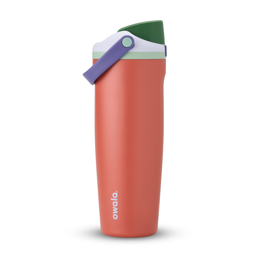 FreeSip Sway 32oz in Summer Harvest, terracotta orange insulated water bottle with dark green flip cap, lavender purple carry loop and mint green accent, lid open