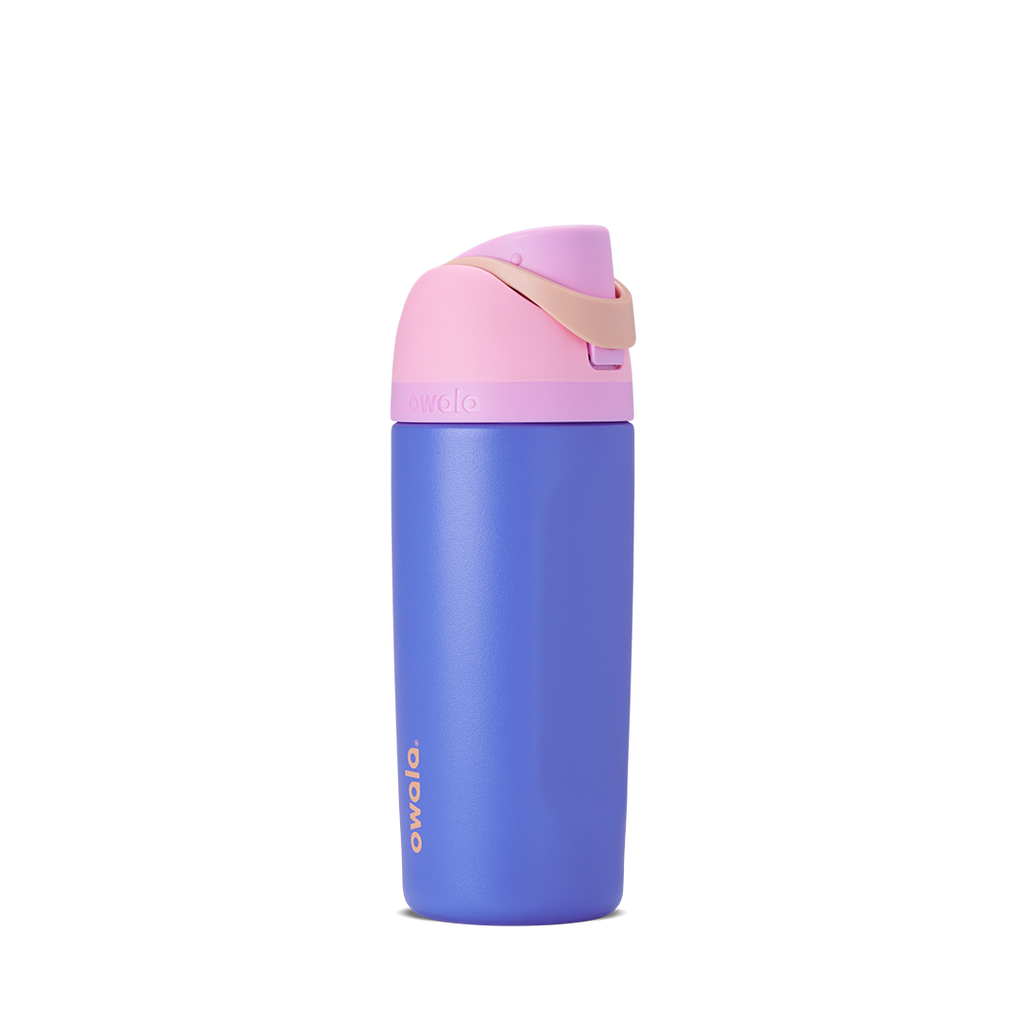 Kids FreeSip 16oz in Wild Child, bright periwinkle blue insulated bottle with pink flip cap, matching blue lid base, and gold carry loop