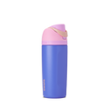 Kids FreeSip 16oz in Wild Child, bright periwinkle blue insulated bottle with pink flip cap, matching blue lid base, and gold carry loop