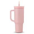 40oz Tumbler in Rose Quartz, soft blush pink insulated tumbler with matching pink handle and lid, and pale pink straw