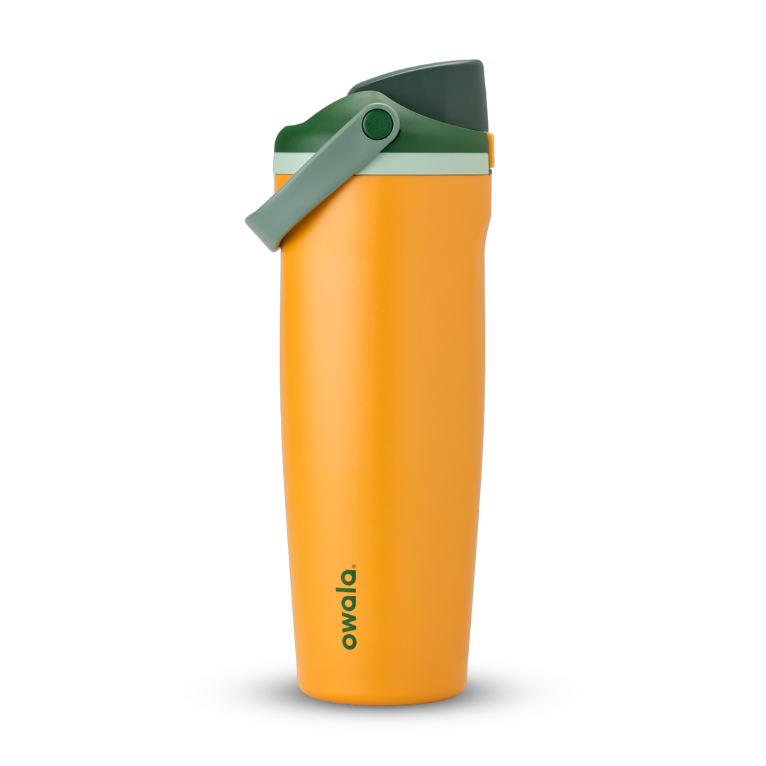 FreeSip Sway 32oz in Orange Grove, bright orange insulated water bottle with dark forest green flip cap, sage green carry loop and pale mint accent, lid open