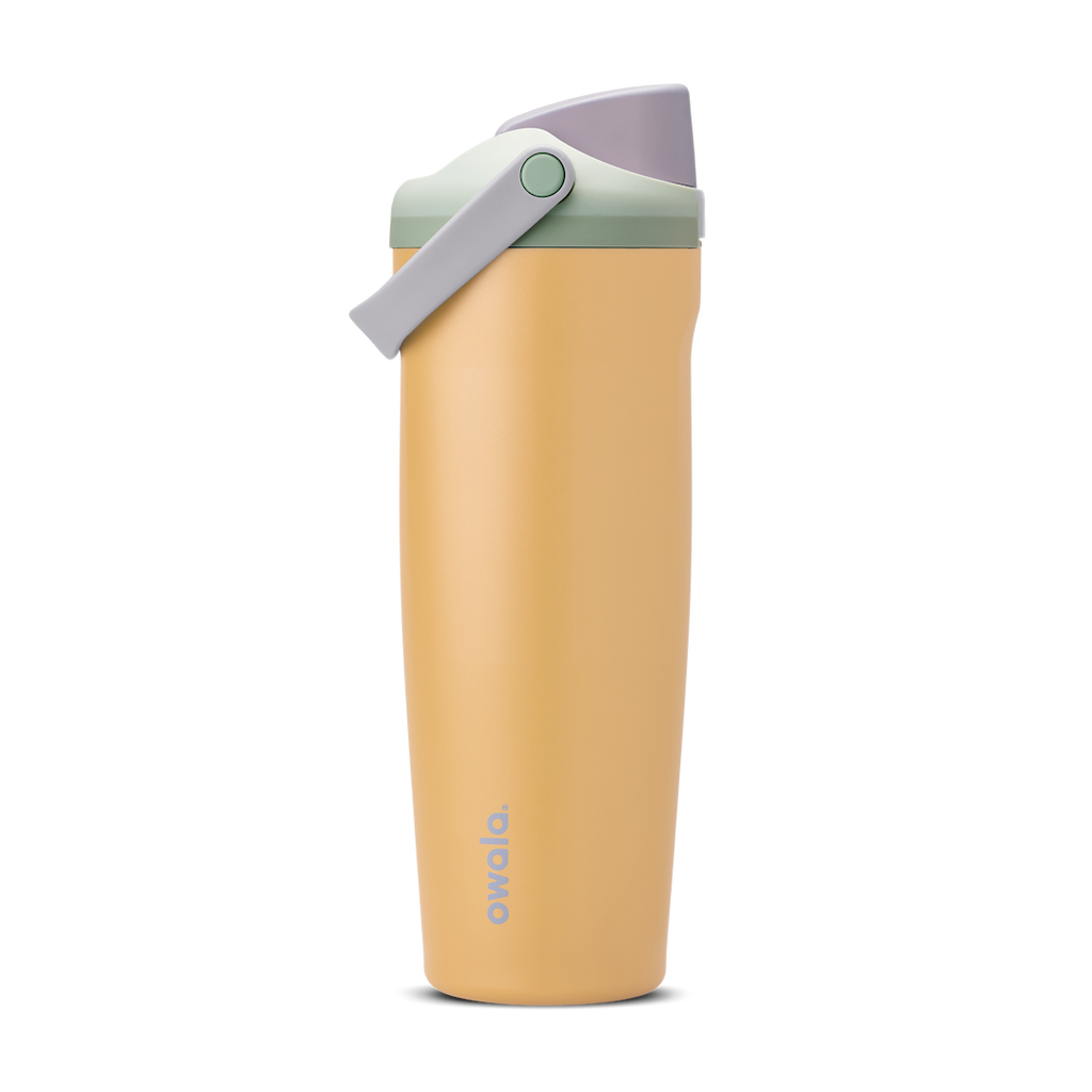 FreeSip Sway 30oz in Beachfront, golden yellow insulated water bottle with lavender flip cap, light grey carry loop, sage green lid accent ring and green push-button, lid open