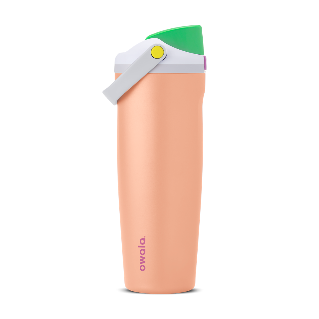 FreeSip Sway 30oz in Peachy Keen, peach orange insulated water bottle with bright green flip cap, white-grey carry loop, lavender lid accent ring and yellow push-button, lid open