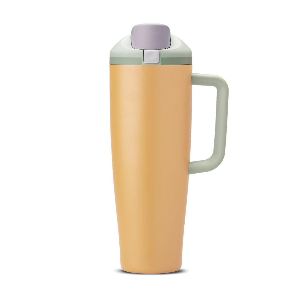 FreeSip Tumbler 40oz Beachfront, golden yellow body with lavender flip cap, sage green accent band and lid, and sage green handle